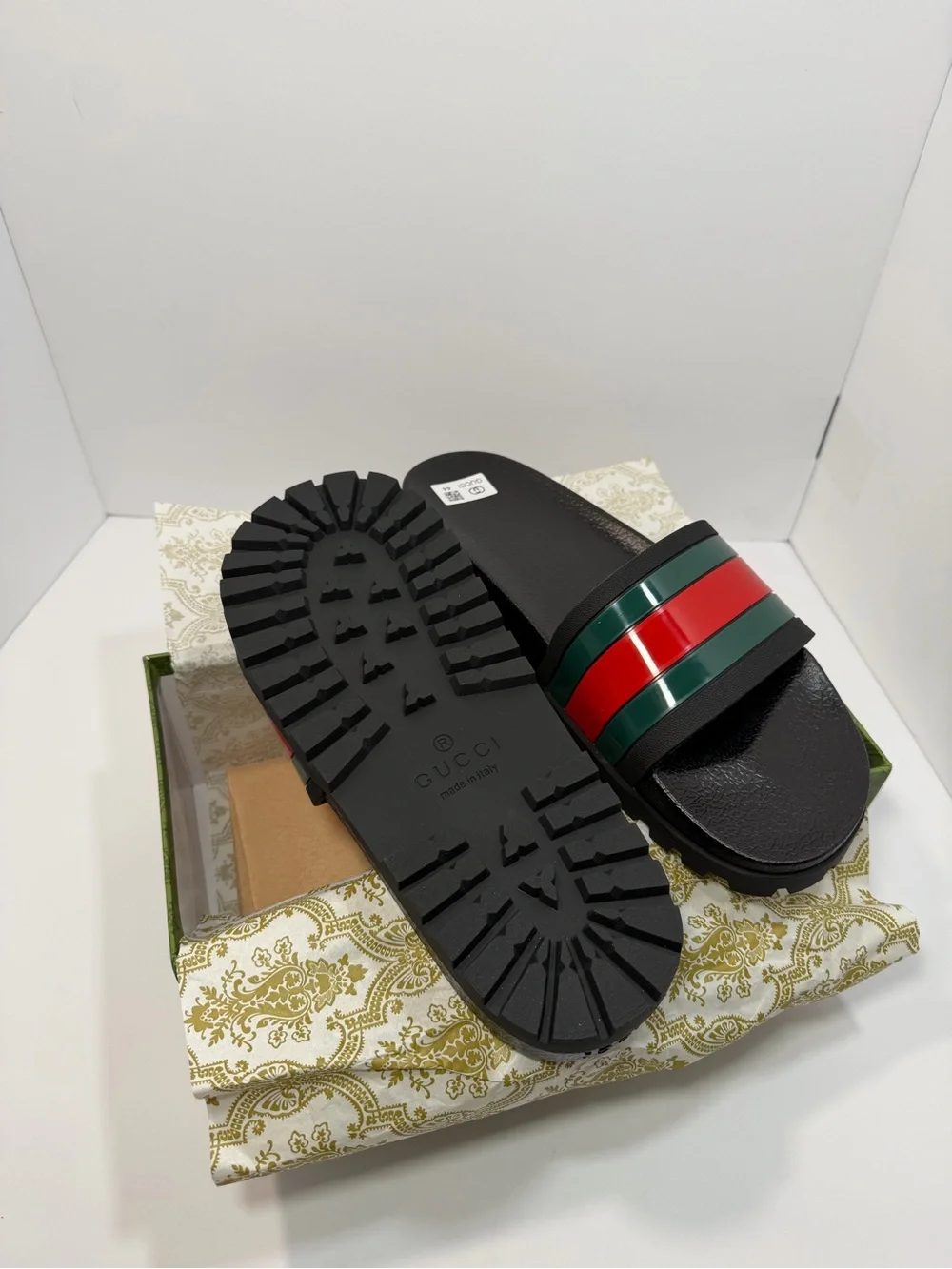 Gucci Black Slides with Red & Green Striped Band